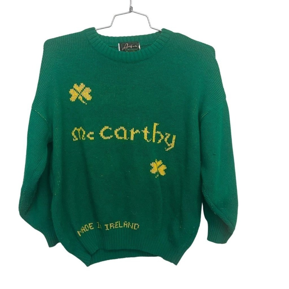 Lochfords Sweater Mens Medium Green Shamrock Irish Graphic Print Crew Neck VTG